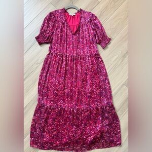 Anthropology Du Paradis Vibrant Pink Ruffle Floral Lined Sheer Boho Dress.